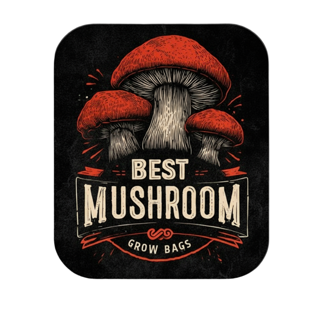 Illustration of mushrooms with 'Best Mushroom Grow Bags' text on a dark background